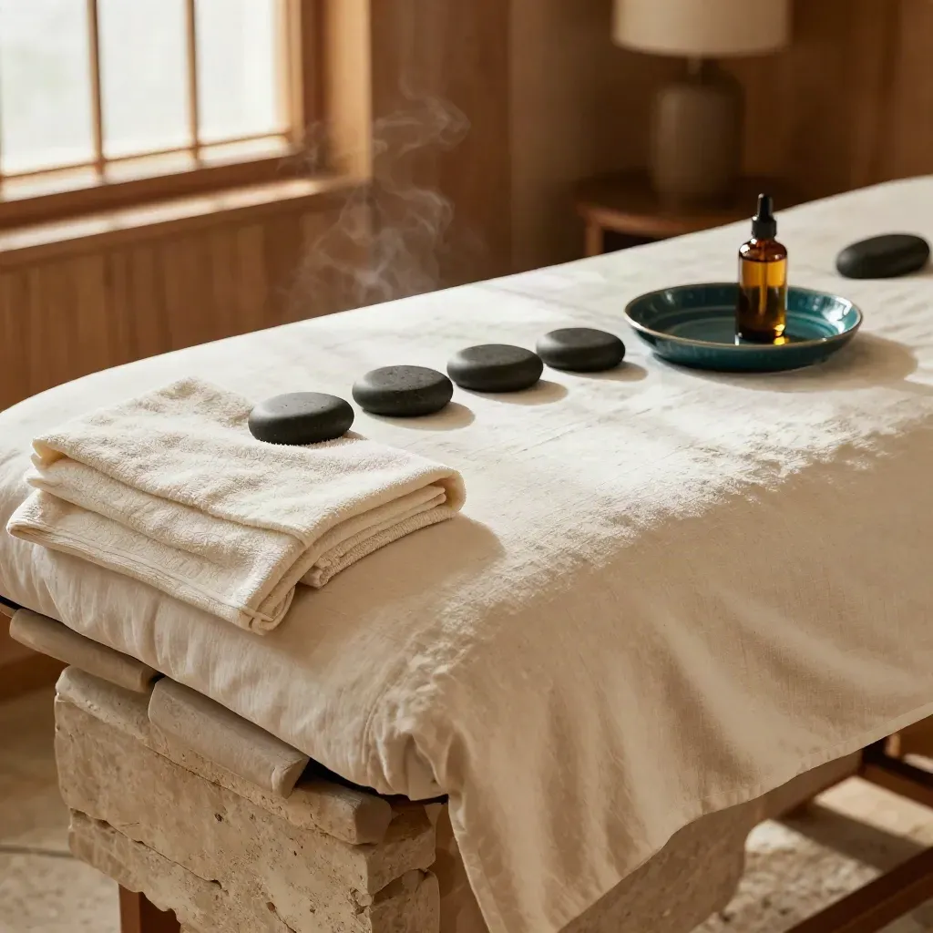 Tavolo da massaggio con lino crema, pietre calde e olio caldo in una spa accogliente.