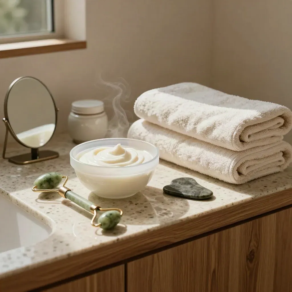 Stazione spa per trattamento viso con maschera, roller in giada, gua sha e asciugamani.