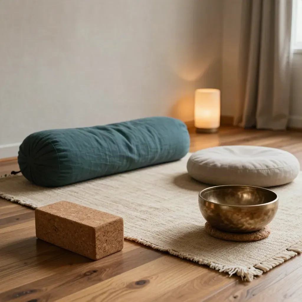Angolo yoga con blocco in sughero, tappetino, bolster, cuscino e campana tibetana.