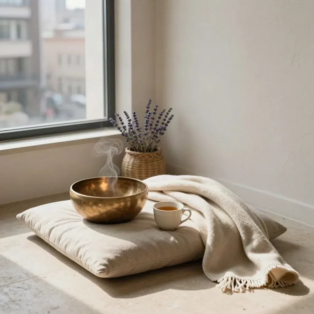 Nook meditativa con ciotola tibetana, tè alle erbe e coperta piegata vicino a muro in intonaco.
