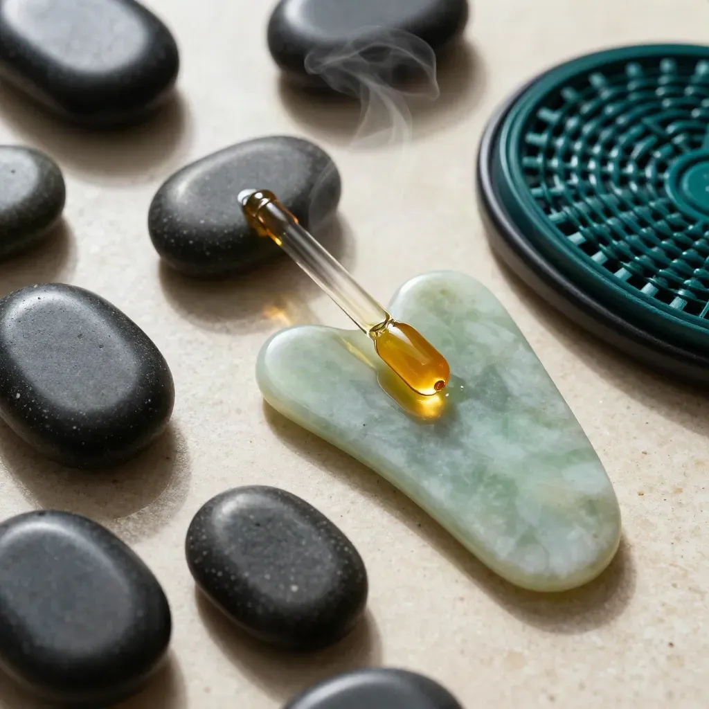 Set massoterapico con pietre basaltiche, gua sha in giada e olio su travertino.