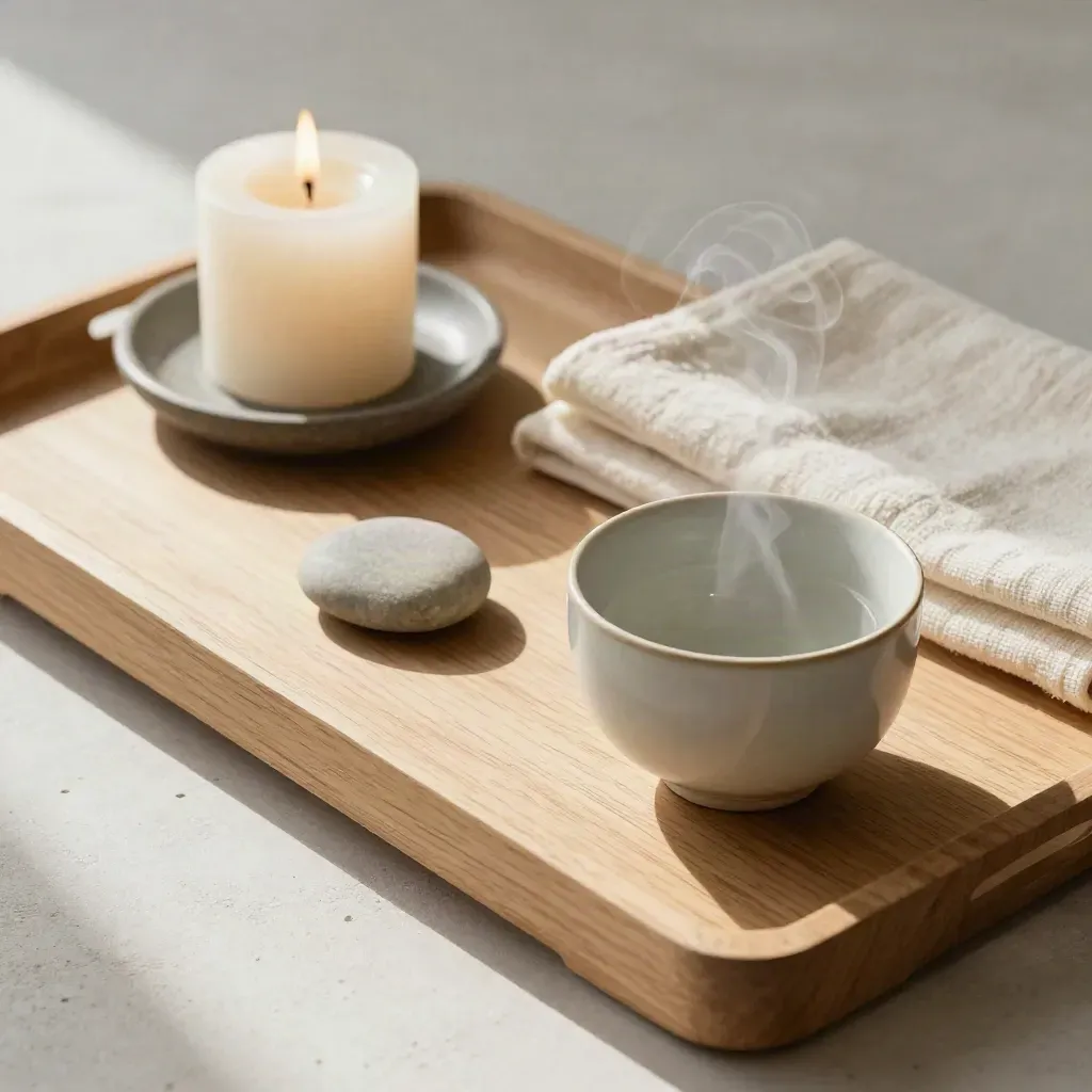 Tazza di tisana, pietra levigata e candela su vassoio in legno chiaro, luce morbida.