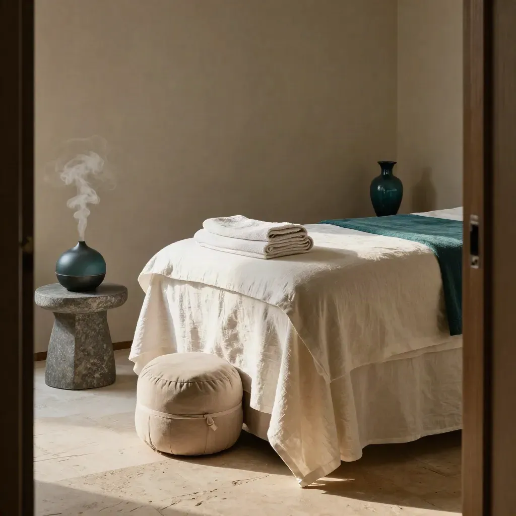 Cabina benessere pronta con lettino da massaggio, asciugamani, diffusore e tavolino in pietra.