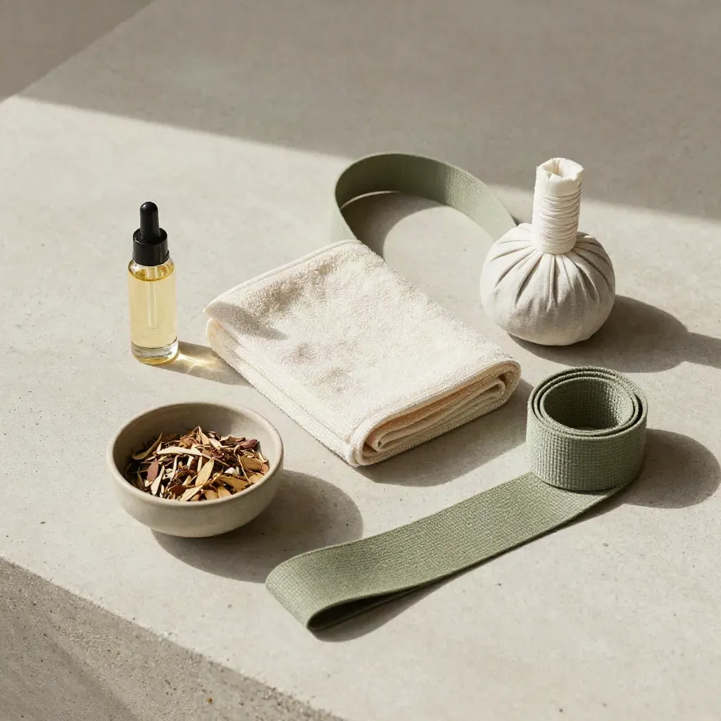 Flatlay wellness con olio, asciugamano, sacchetto erbe, cinghia yoga e ciotola su pietra chiara