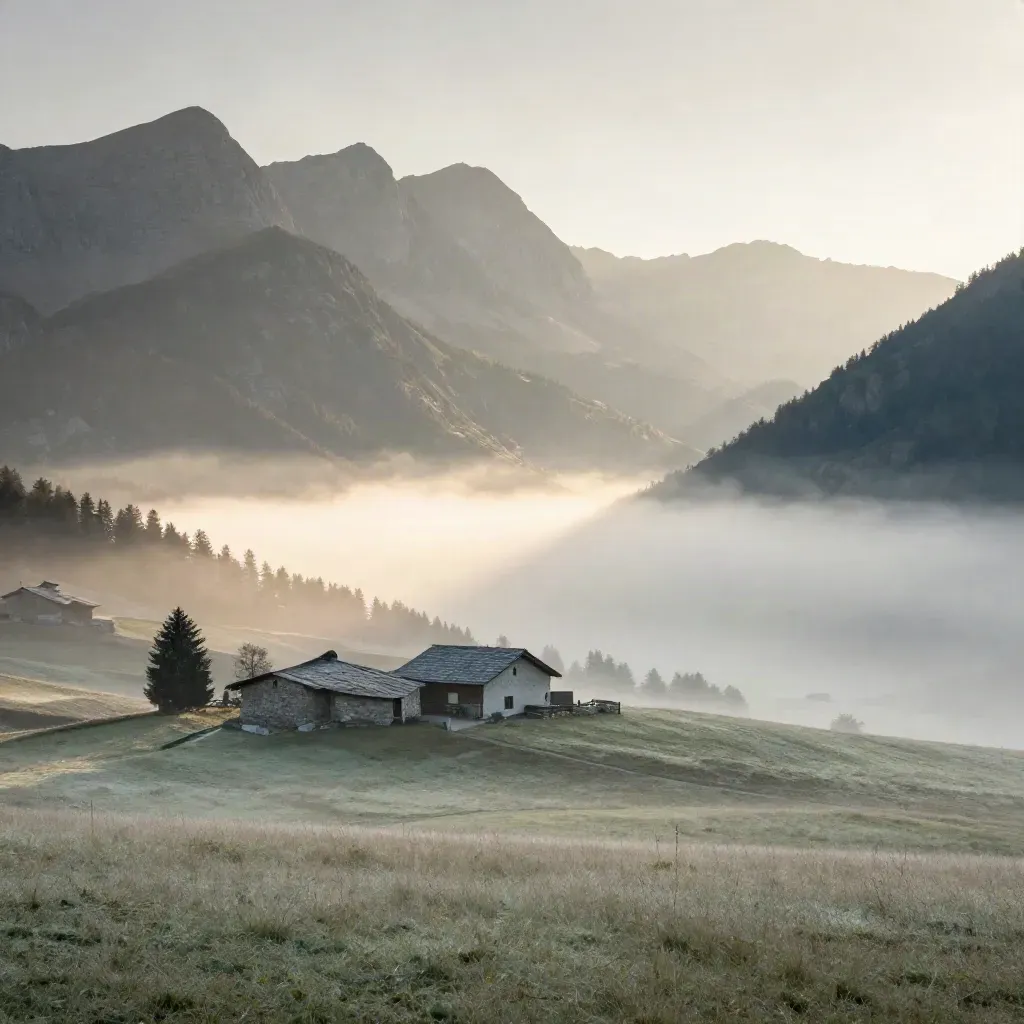 Valle alpina nebbiosa sopra Aosta all’alba, con baite in pietra e prati chiari.
